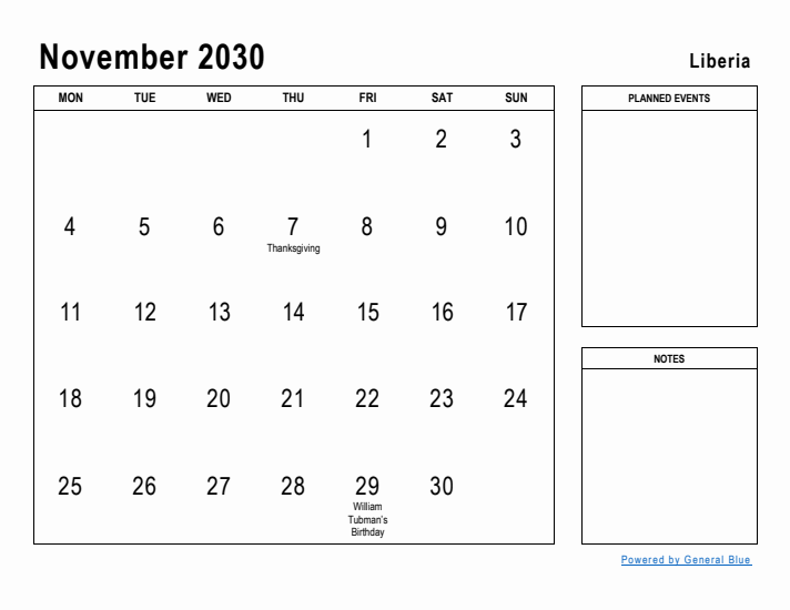 November 2030 Printable Monthly Calendar with Liberia Holidays