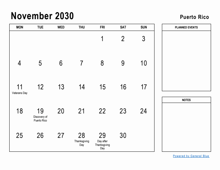 November 2030 Printable Monthly Calendar with Puerto Rico Holidays