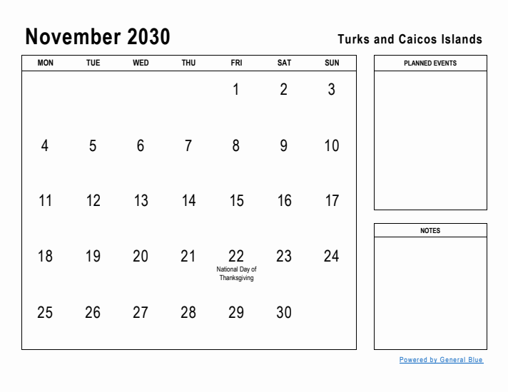 November 2030 Printable Monthly Calendar with Turks and Caicos Islands Holidays