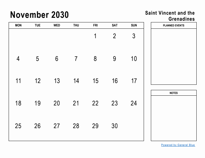 November 2030 Printable Monthly Calendar with Saint Vincent and the Grenadines Holidays