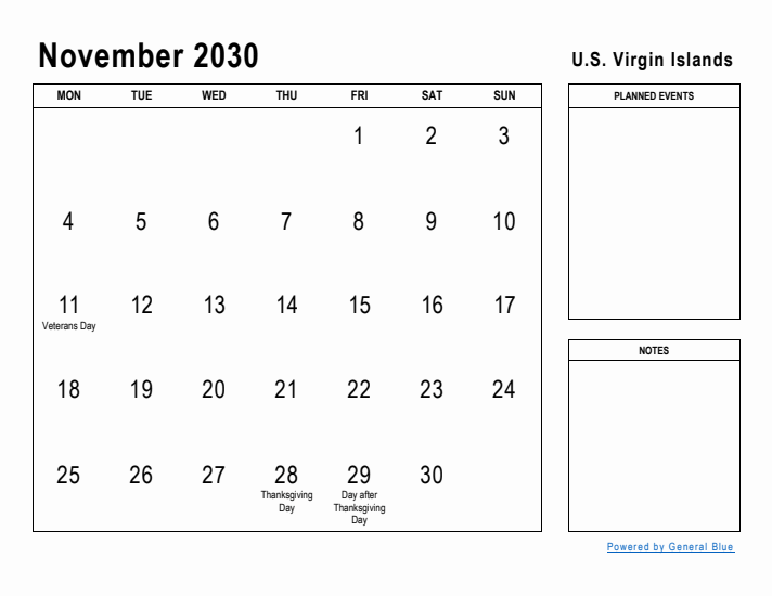 November 2030 Printable Monthly Calendar with U.S. Virgin Islands Holidays