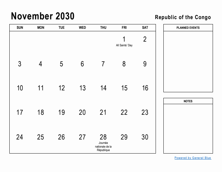 November 2030 Printable Monthly Calendar with Republic of the Congo Holidays