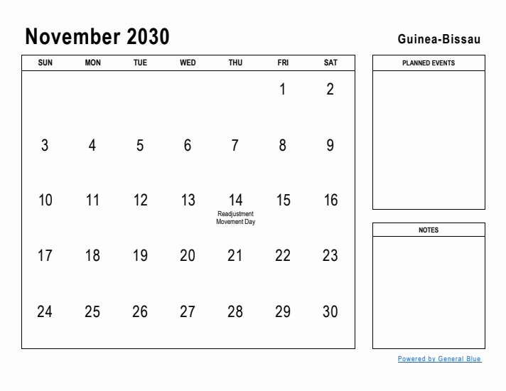 November 2030 Printable Monthly Calendar with Guinea-Bissau Holidays