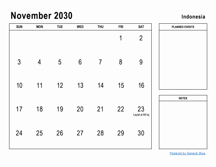 November 2030 Printable Monthly Calendar with Indonesia Holidays