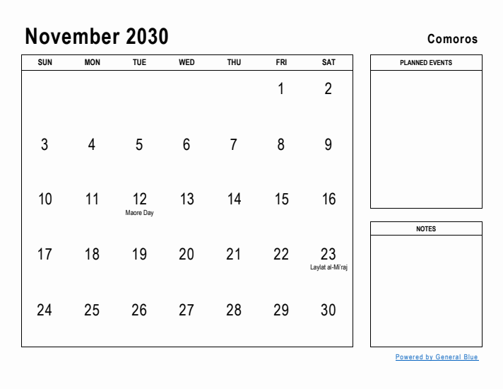 November 2030 Printable Monthly Calendar with Comoros Holidays