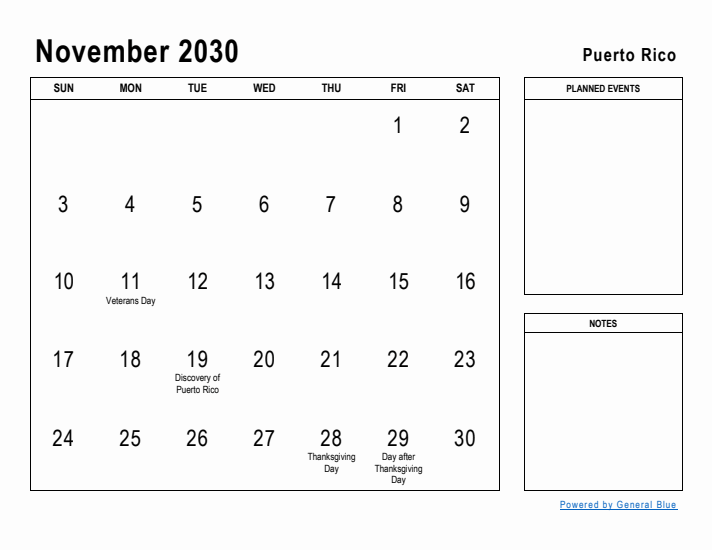 November 2030 Printable Monthly Calendar with Puerto Rico Holidays