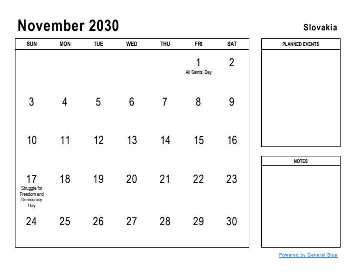 November 2030 Printable Monthly Calendar with Slovakia Holidays