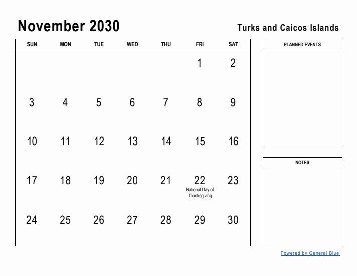 November 2030 Printable Monthly Calendar with Turks and Caicos Islands Holidays