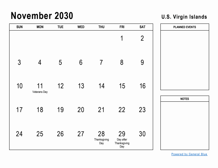 November 2030 Printable Monthly Calendar with U.S. Virgin Islands Holidays