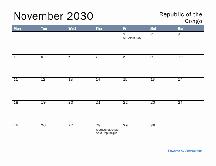 November 2030 Simple Monthly Calendar for Republic of the Congo