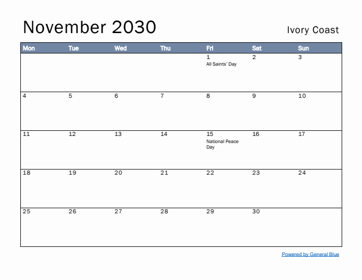 November 2030 Simple Monthly Calendar for Ivory Coast