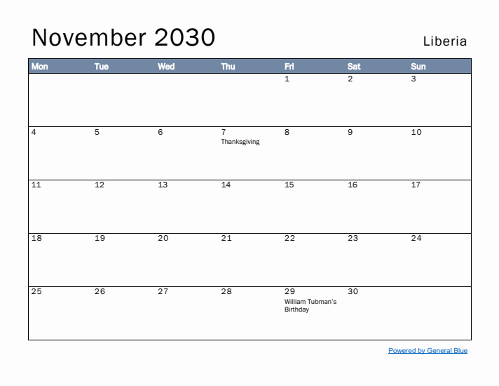 November 2030 Simple Monthly Calendar for Liberia