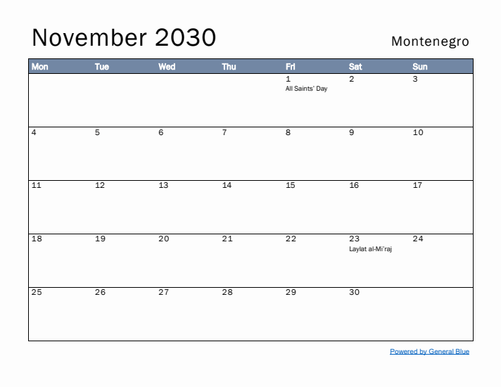 November 2030 Simple Monthly Calendar for Montenegro