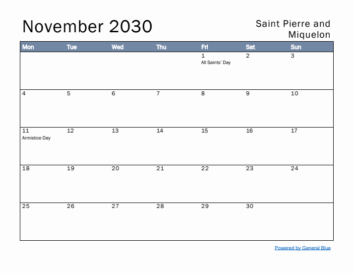 November 2030 Simple Monthly Calendar for Saint Pierre and Miquelon