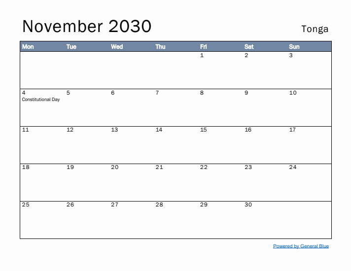 November 2030 Simple Monthly Calendar for Tonga