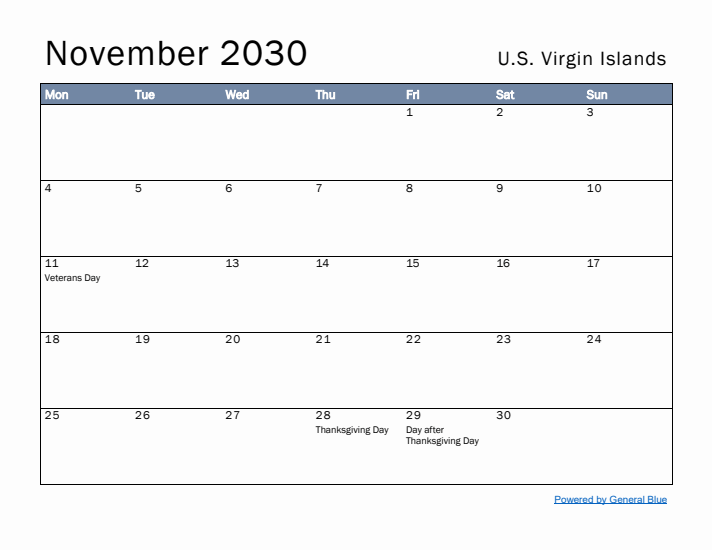 November 2030 Simple Monthly Calendar for U.S. Virgin Islands