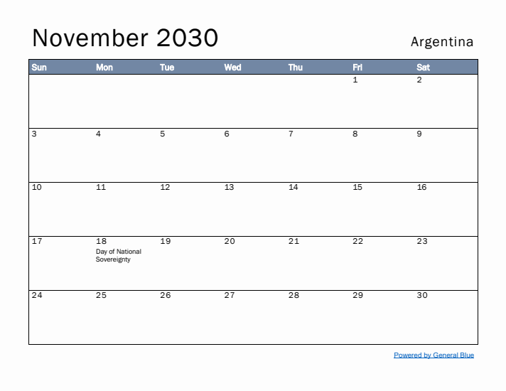 November 2030 Simple Monthly Calendar for Argentina