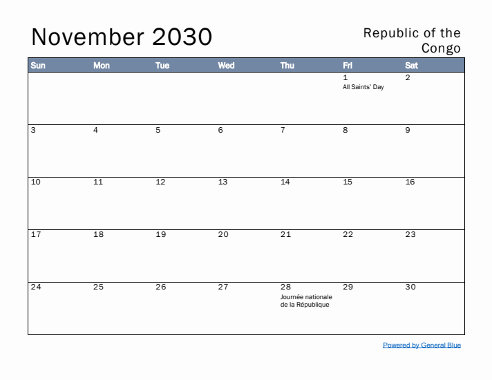 November 2030 Simple Monthly Calendar for Republic of the Congo