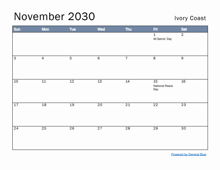 November 2030 Simple Monthly Calendar for Ivory Coast