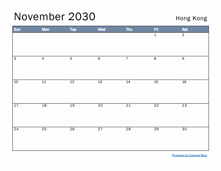 November 2030 Simple Monthly Calendar for Hong Kong
