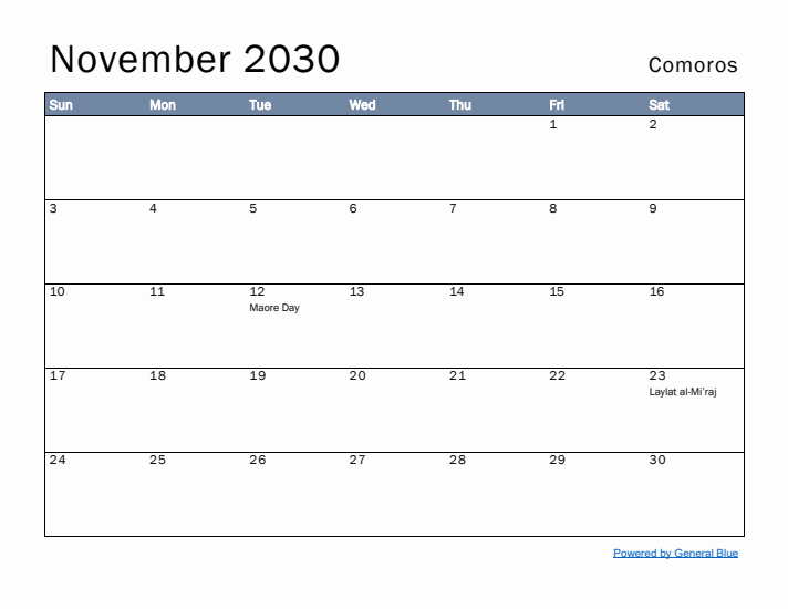 November 2030 Simple Monthly Calendar for Comoros