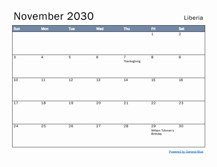 November 2030 Simple Monthly Calendar for Liberia