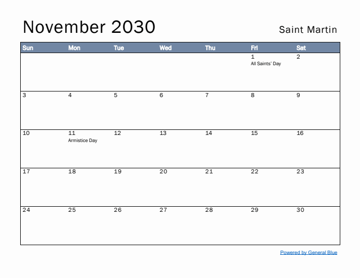 November 2030 Simple Monthly Calendar for Saint Martin