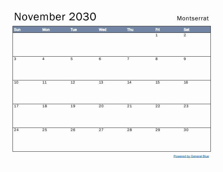 November 2030 Simple Monthly Calendar for Montserrat