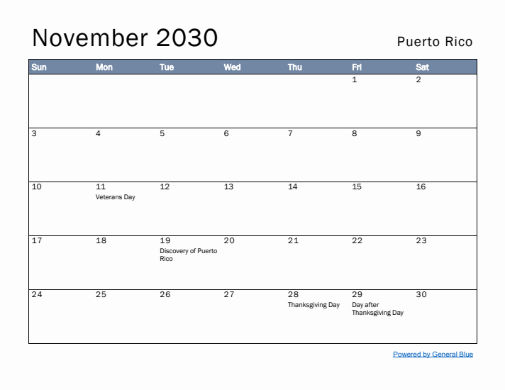 November 2030 Simple Monthly Calendar for Puerto Rico
