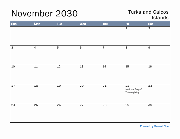 November 2030 Simple Monthly Calendar for Turks and Caicos Islands