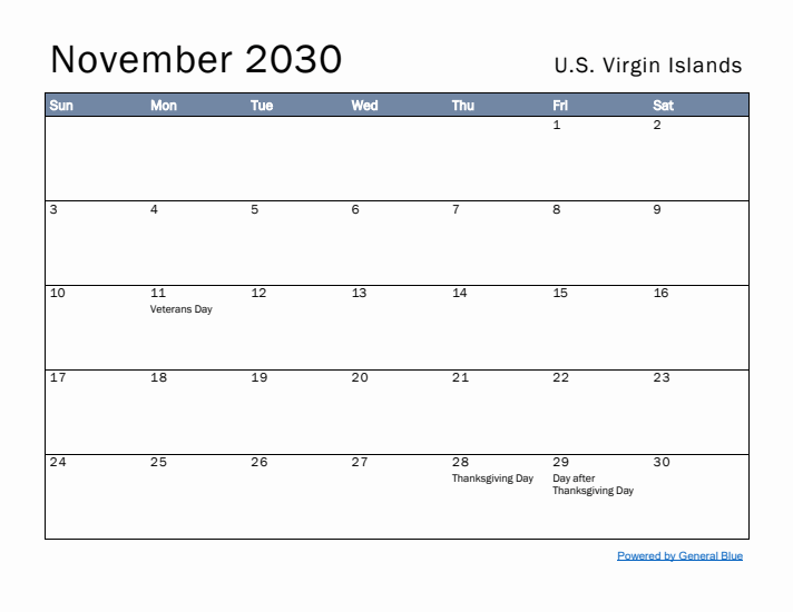 November 2030 Simple Monthly Calendar for U.S. Virgin Islands