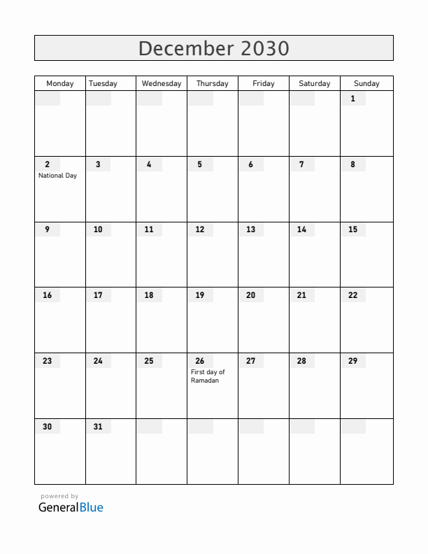 United Arab Emirates December 2030 Calendar with Holidays
