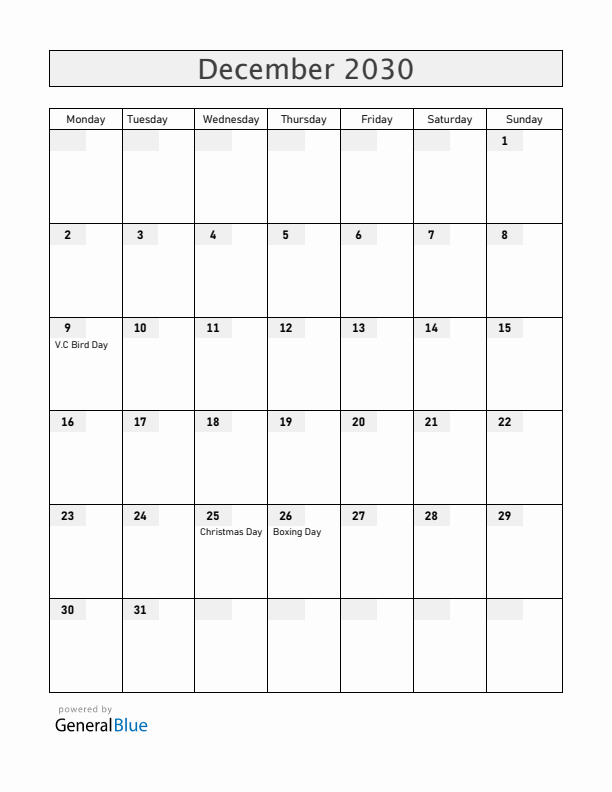 Antigua and Barbuda December 2030 Calendar with Holidays