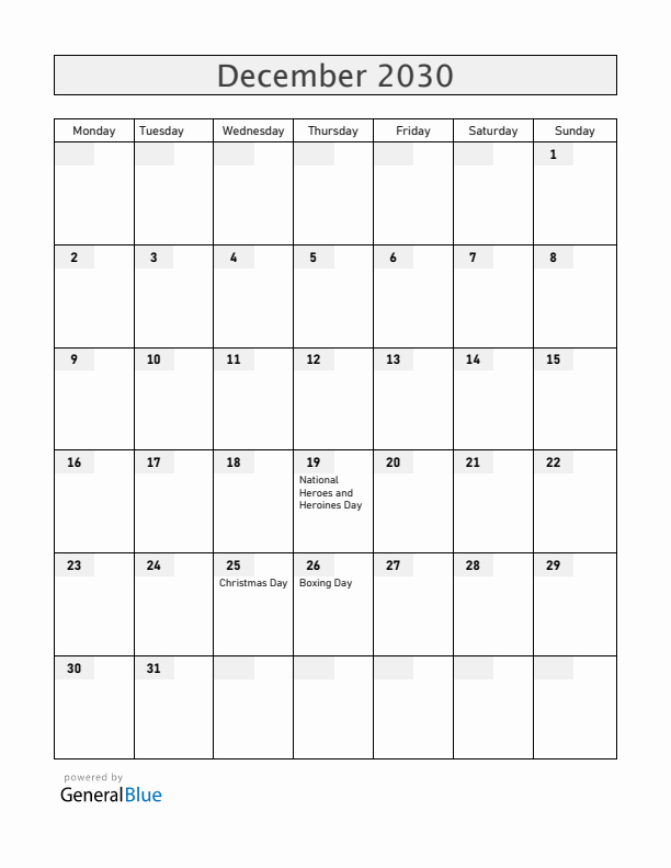 Anguilla December 2030 Calendar with Holidays