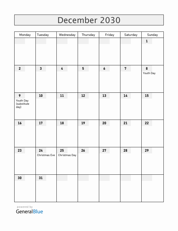 Albania December 2030 Calendar with Holidays