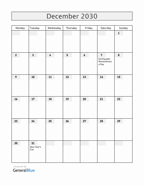 Armenia December 2030 Calendar with Holidays