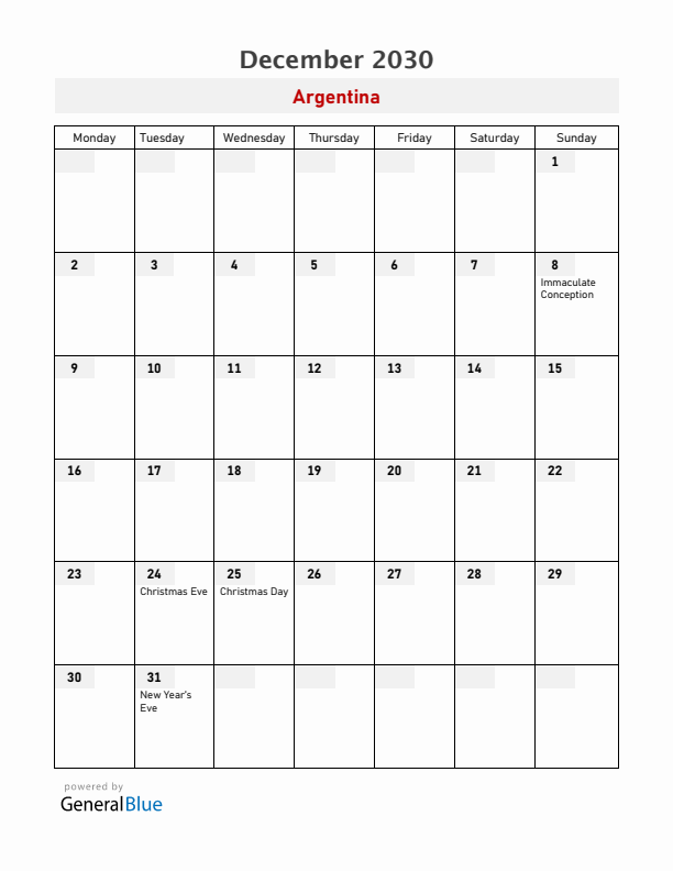 Argentina December 2030 Calendar with Holidays