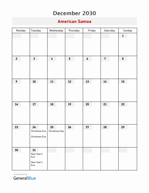 American Samoa December 2030 Calendar with Holidays