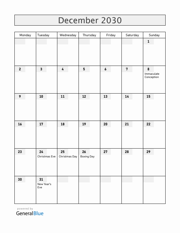 Austria December 2030 Calendar with Holidays