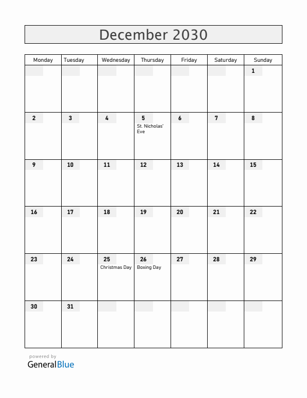 Aruba December 2030 Calendar with Holidays