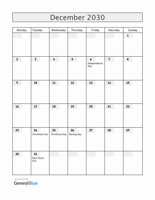 Aland Islands December 2030 Calendar with Holidays
