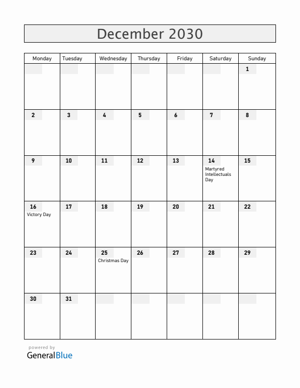 Bangladesh December 2030 Calendar with Holidays