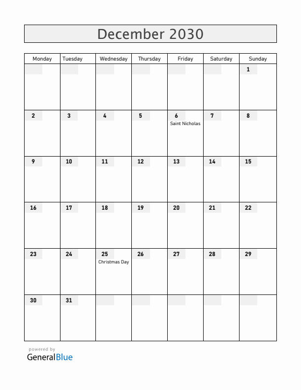 Belgium December 2030 Calendar with Holidays