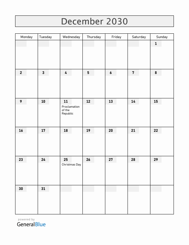 Burkina Faso December 2030 Calendar with Holidays