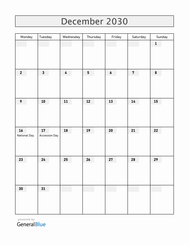Bahrain December 2030 Calendar with Holidays
