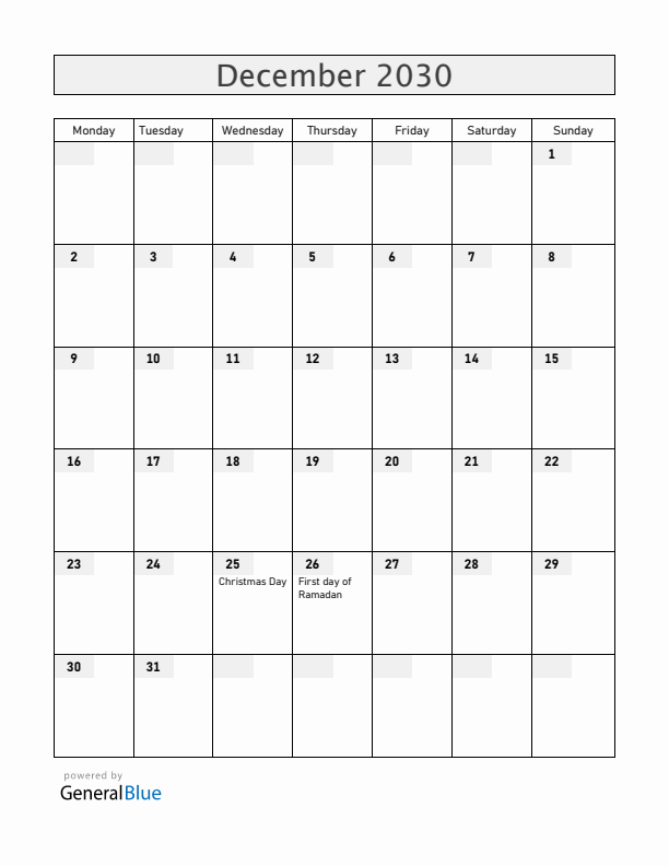 Brunei December 2030 Calendar with Holidays