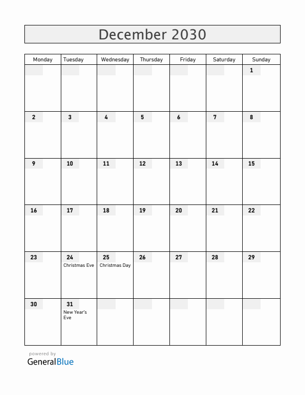 Brazil December 2030 Calendar with Holidays