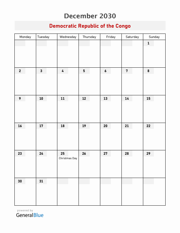 Democratic Republic of the Congo December 2030 Calendar with Holidays