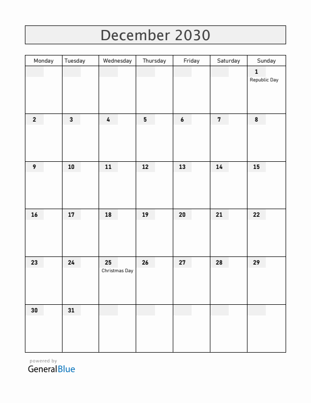 Central African Republic December 2030 Calendar with Holidays