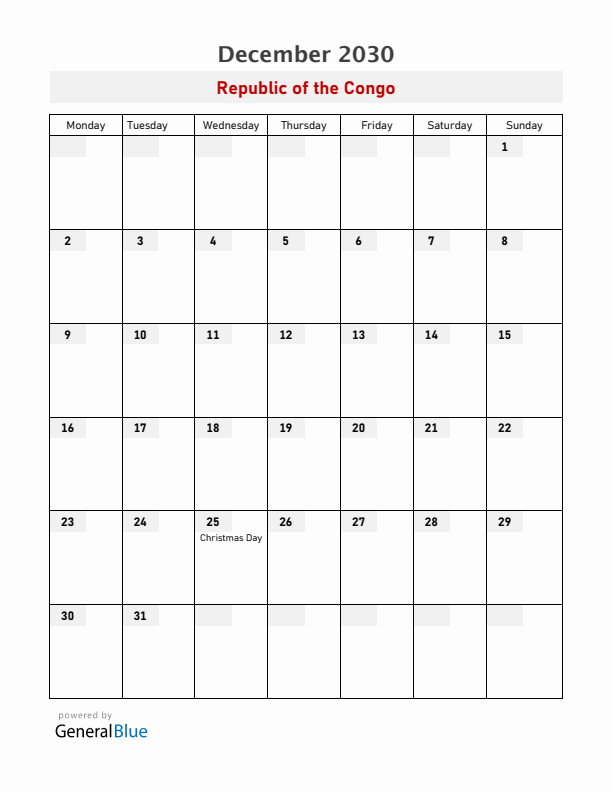 Republic of the Congo December 2030 Calendar with Holidays